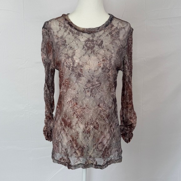 L'Amore Couture Tops - Boho Festival Western Womens Brown Paisley Mesh Rhinestone Long Sleeve Top Y2K M